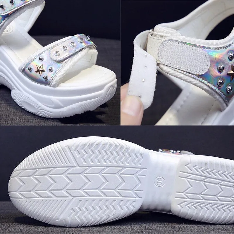 Black PU Leather Hollow Rivet Sewing Thick Bottom Sandals Retro Hook &