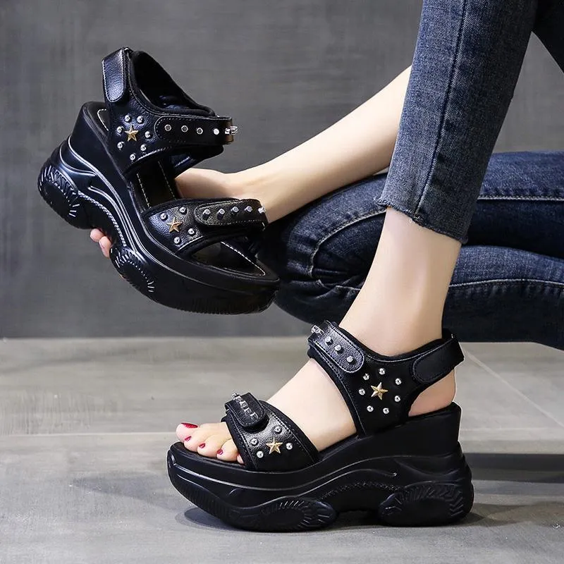 Black PU Leather Hollow Rivet Sewing Thick Bottom Sandals Retro Hook &