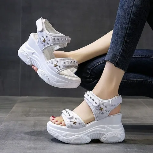 Black PU Leather Hollow Rivet Sewing Thick Bottom Sandals Retro Hook &