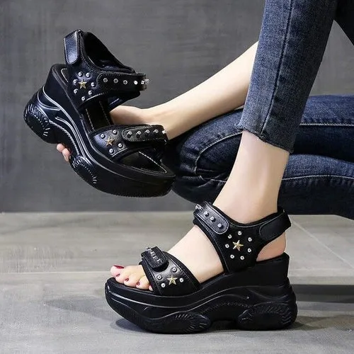 Black PU Leather Hollow Rivet Sewing Thick Bottom Sandals Retro Hook &