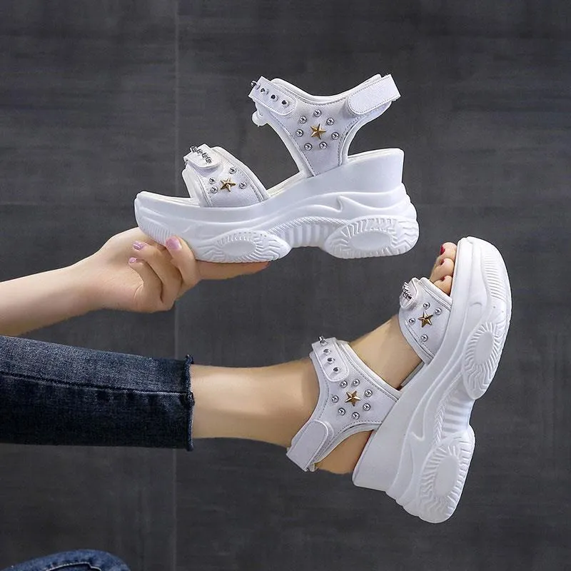 Black PU Leather Hollow Rivet Sewing Thick Bottom Sandals Retro Hook &