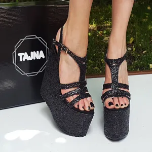 Black Shiny Multi Strap Wedge Platform Sandals