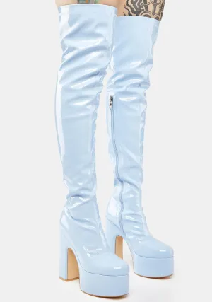 Blue Athena Patent Thigh High Boots