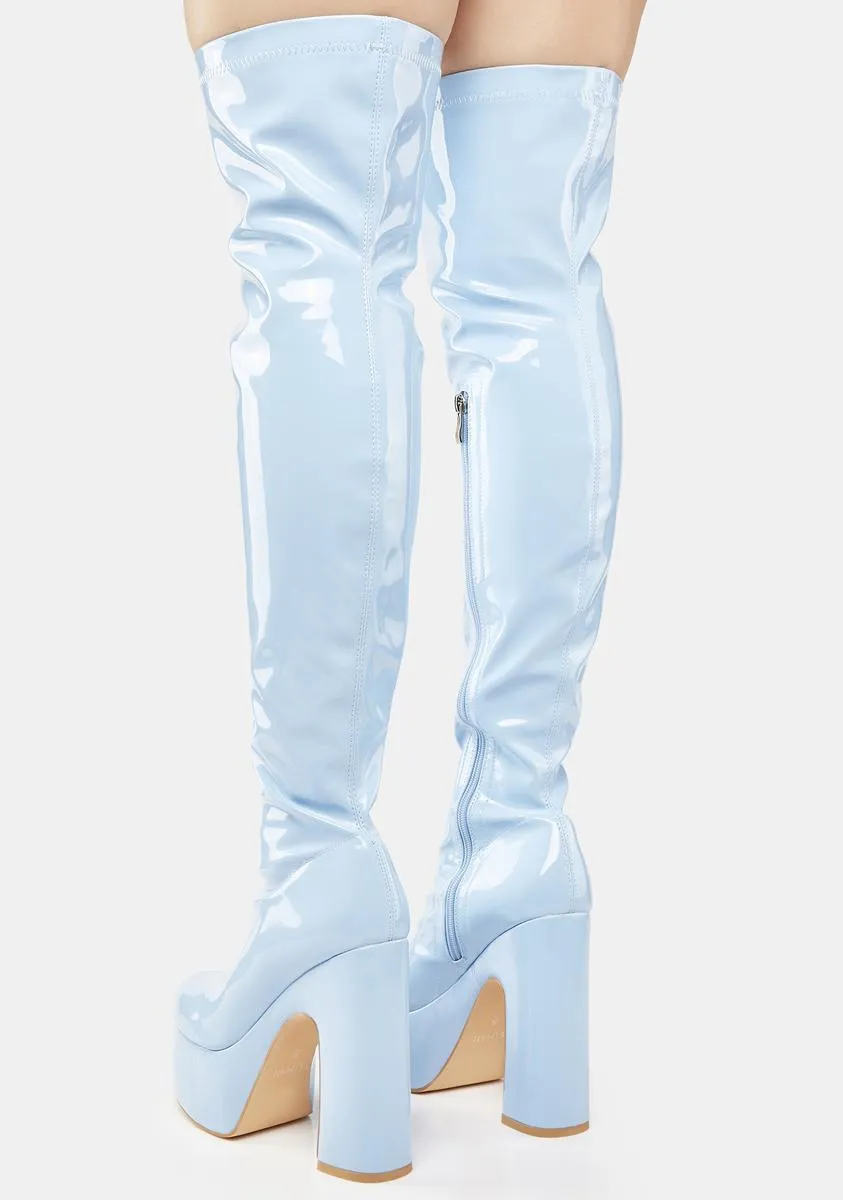 Blue Athena Patent Thigh High Boots