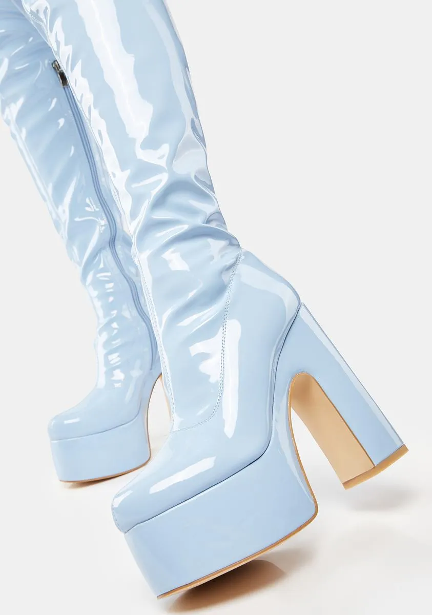 Blue Athena Patent Thigh High Boots