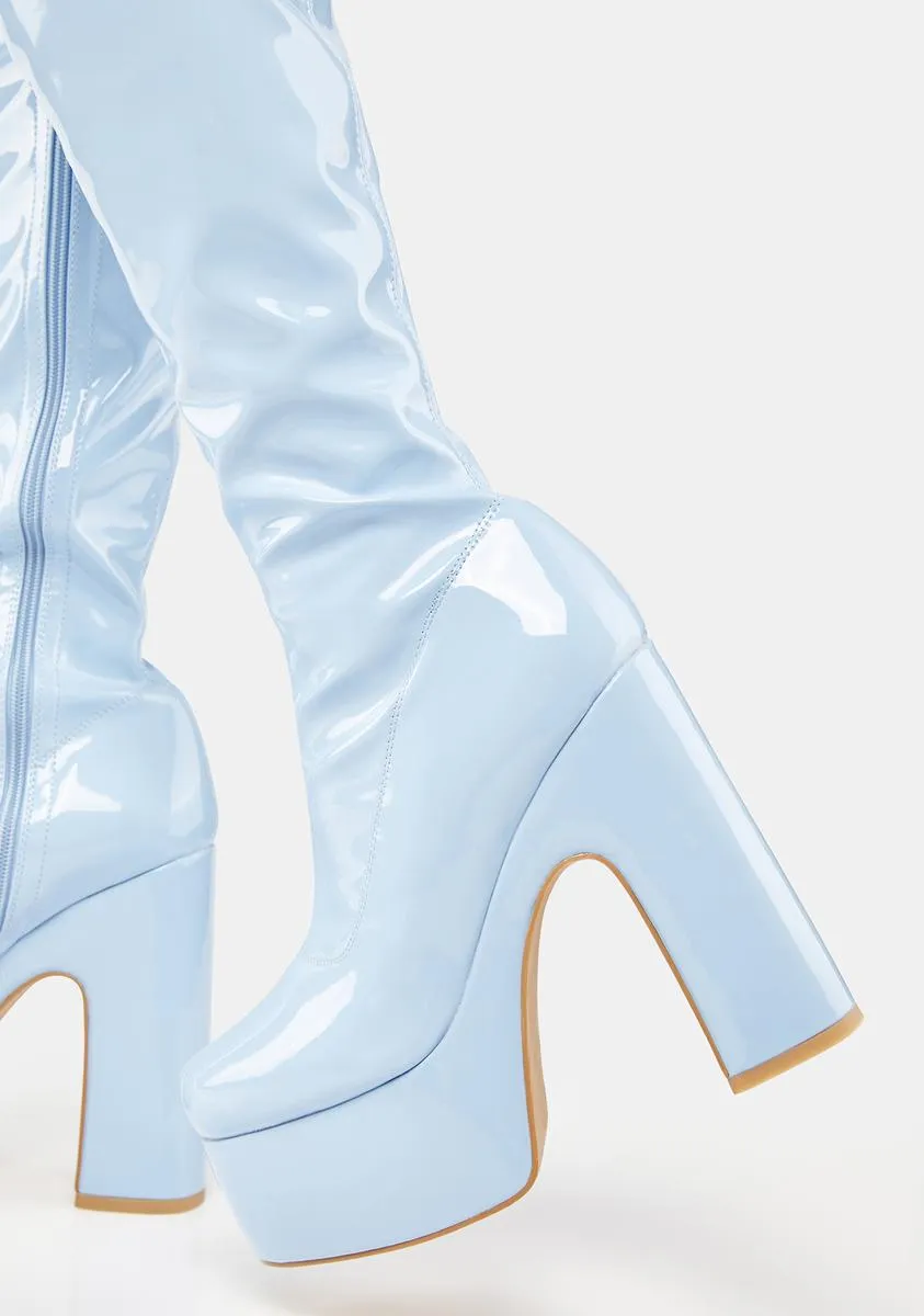 Blue Athena Patent Thigh High Boots