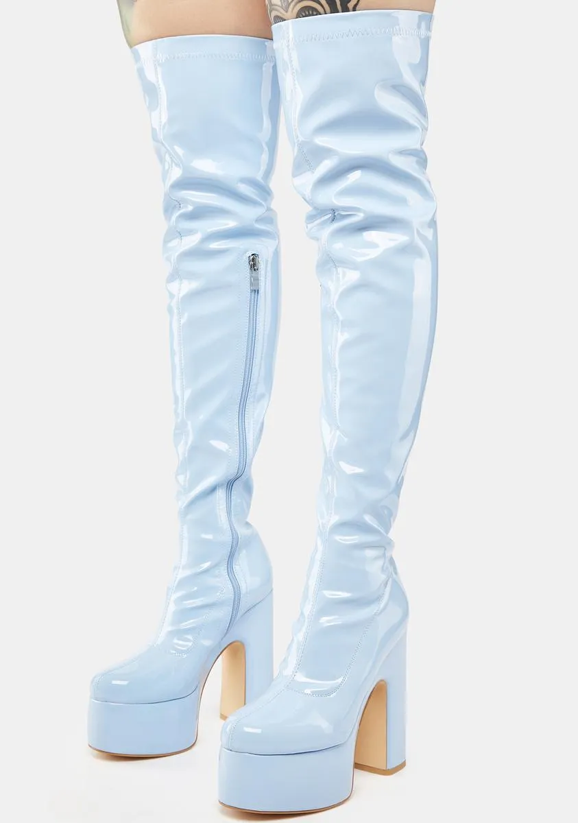 Blue Athena Patent Thigh High Boots