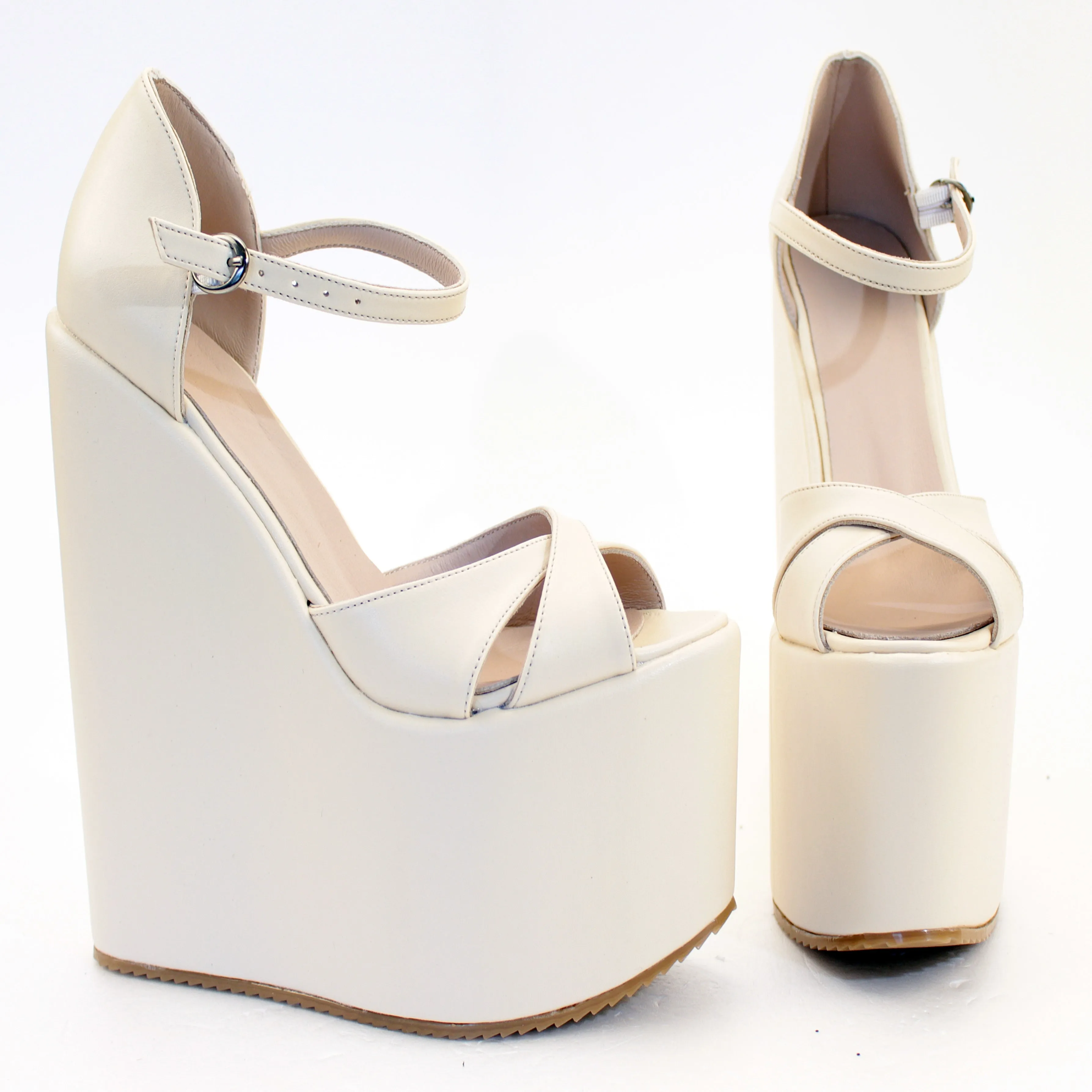 Cream Cross Strap High Heel Wedge Platform Shoes