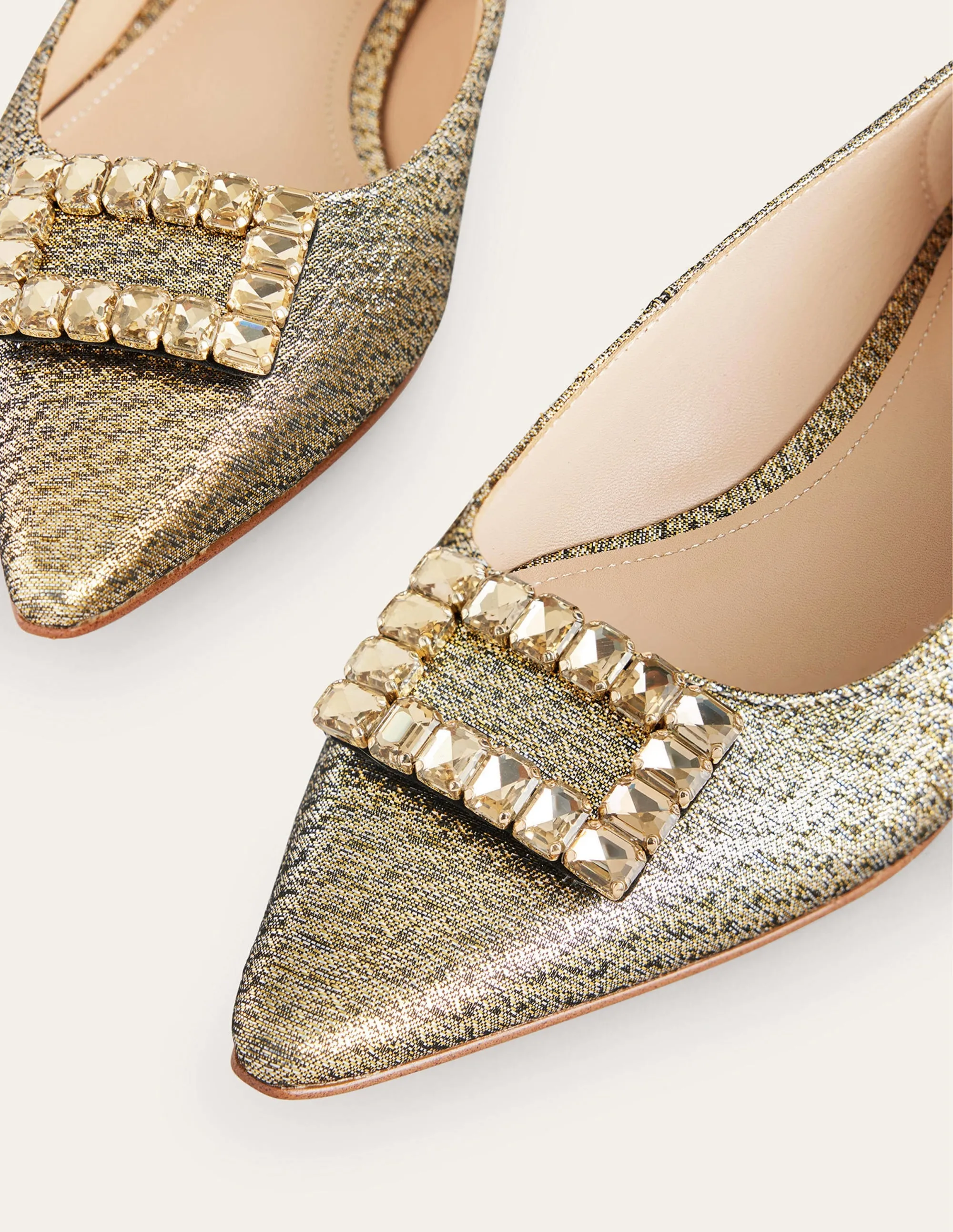 Jewelled-Buckle Flats-Gold Metallic