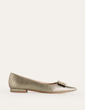 Jewelled-Buckle Flats-Gold Metallic