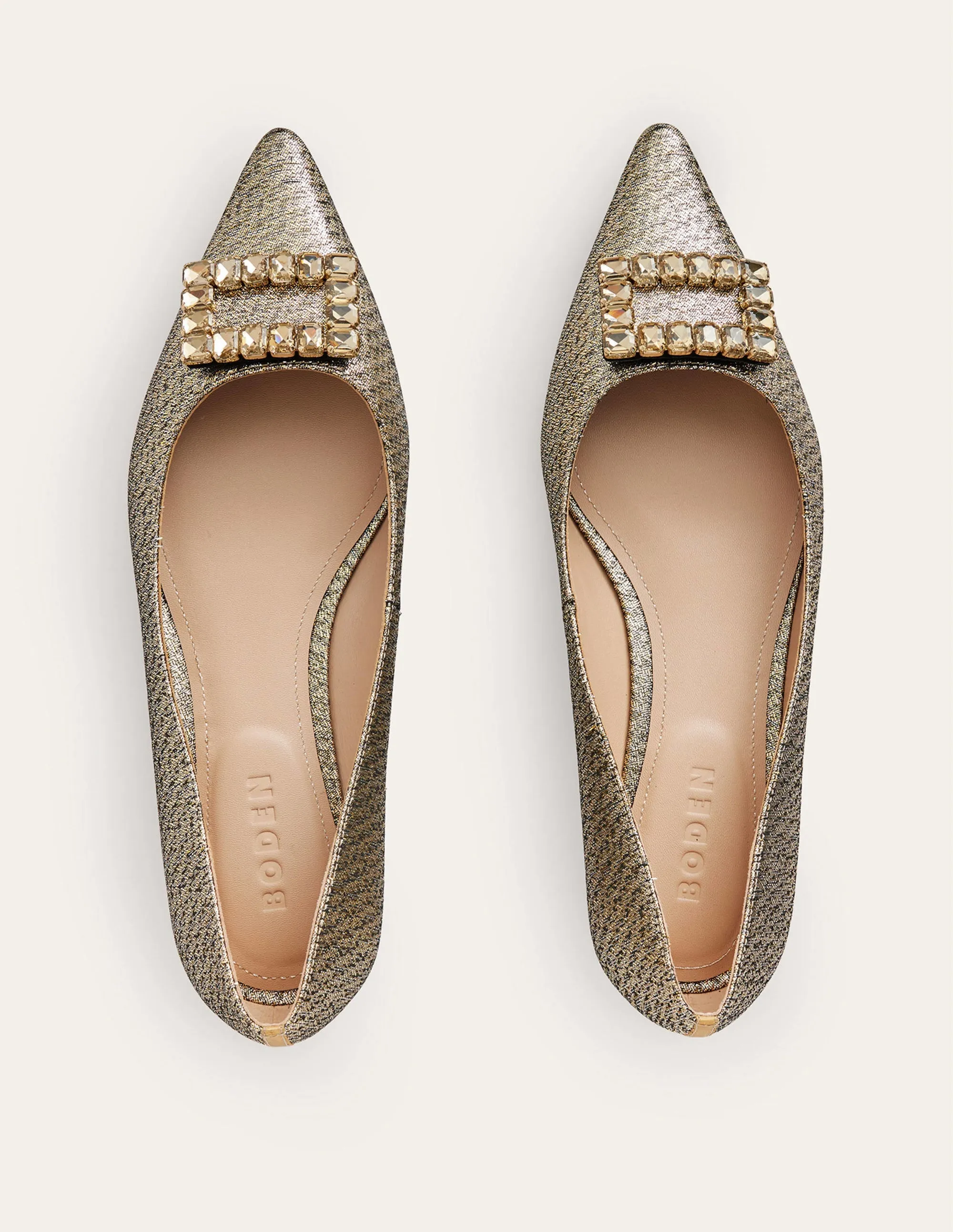 Jewelled-Buckle Flats-Gold Metallic