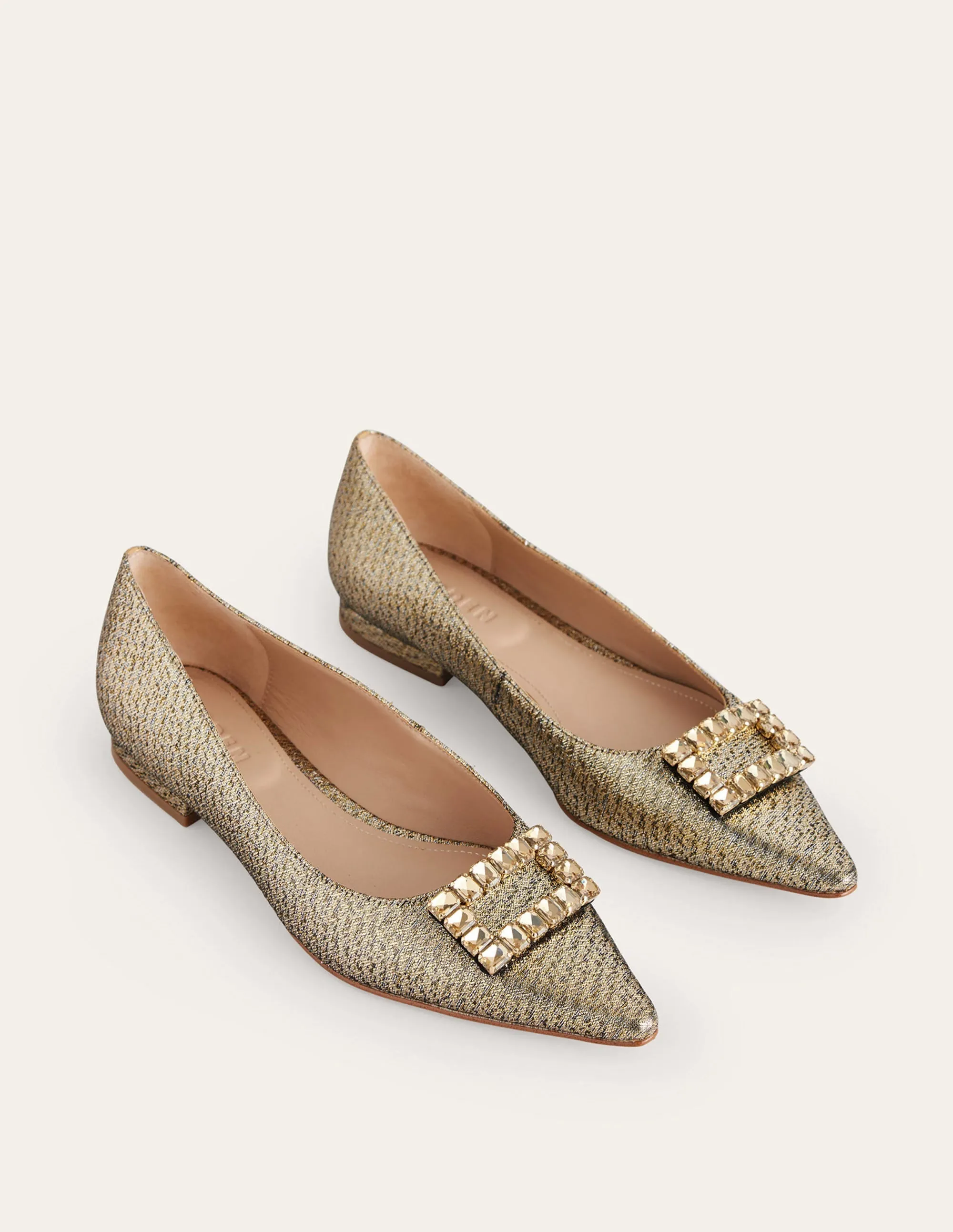 Jewelled-Buckle Flats-Gold Metallic