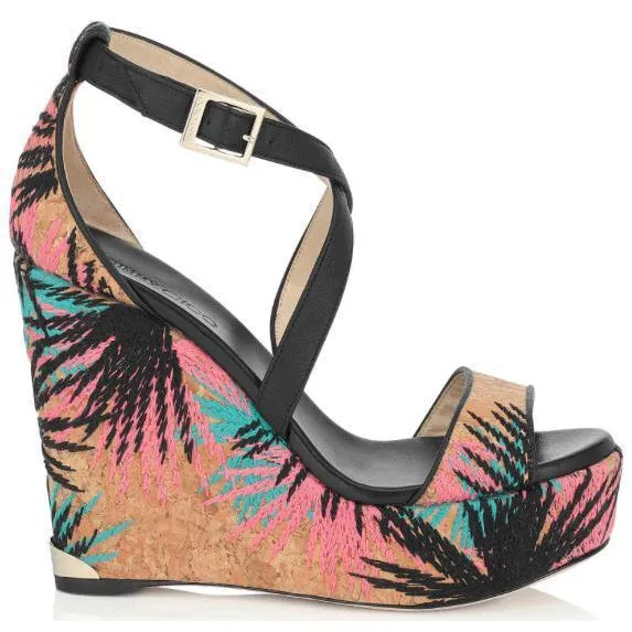 JIMMY CHOO Portia 120 Embroidered Cork Sandal