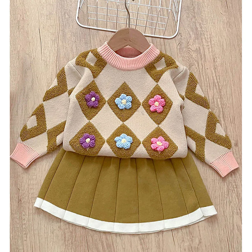 Little Surprise Box 2pcs Occur Diamond Floral Cardigan And Skirt Winter Wear Set For Girls