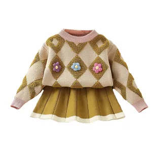 Little Surprise Box 2pcs Occur Diamond Floral Cardigan And Skirt Winter Wear Set For Girls