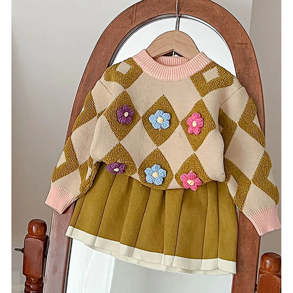 Little Surprise Box 2pcs Occur Diamond Floral Cardigan And Skirt Winter Wear Set For Girls
