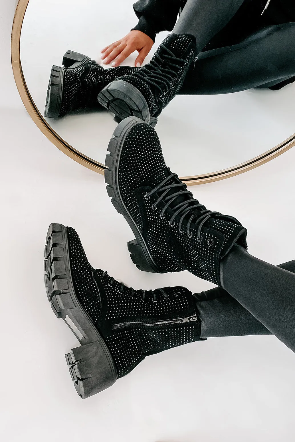Spunky Sweetie Rhinestone Combat Boots (Black)