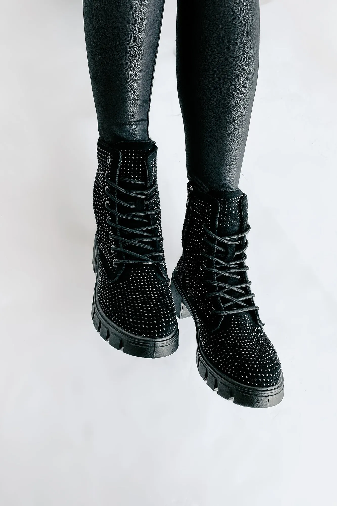Spunky Sweetie Rhinestone Combat Boots (Black)