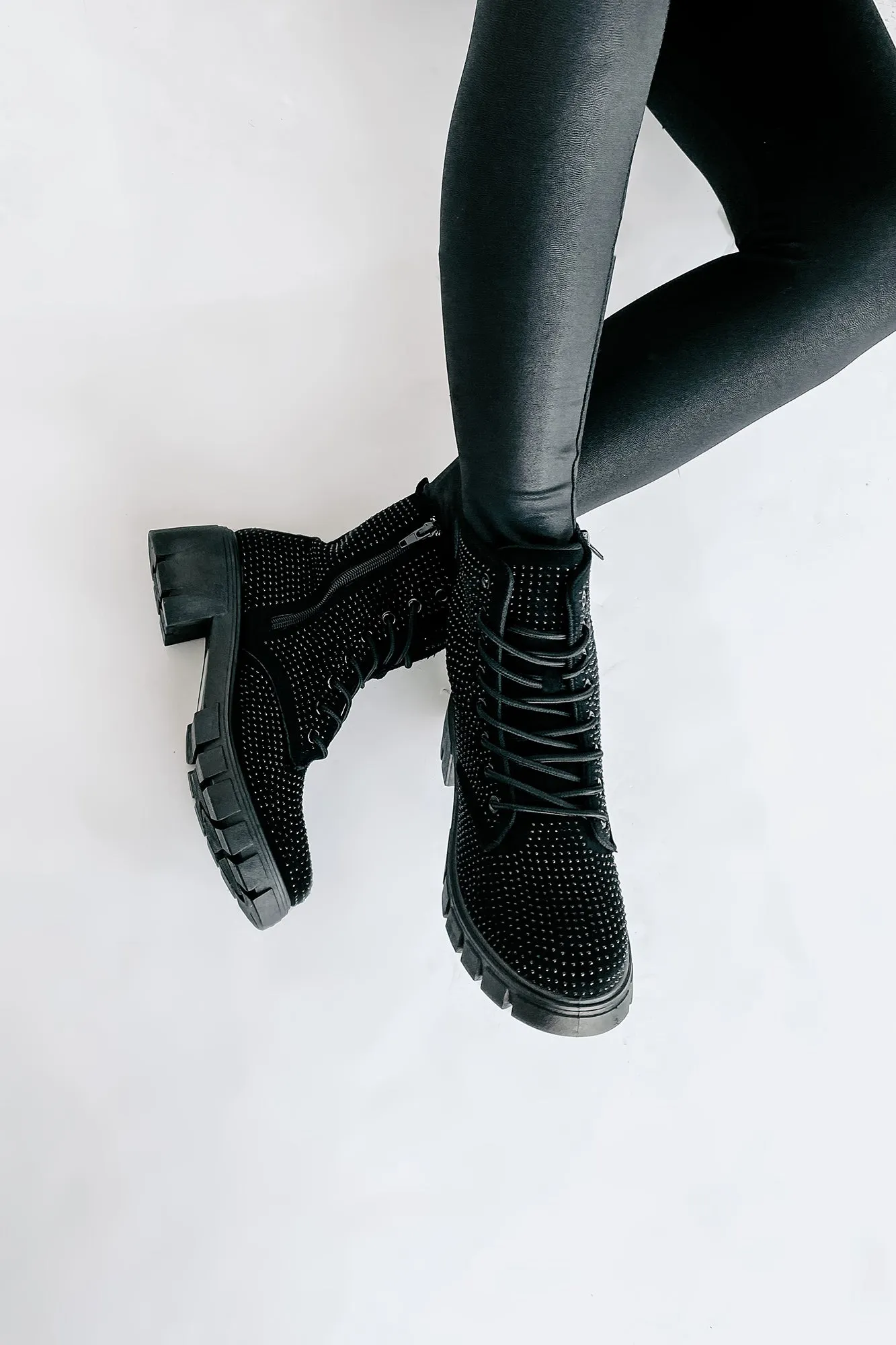 Spunky Sweetie Rhinestone Combat Boots (Black)