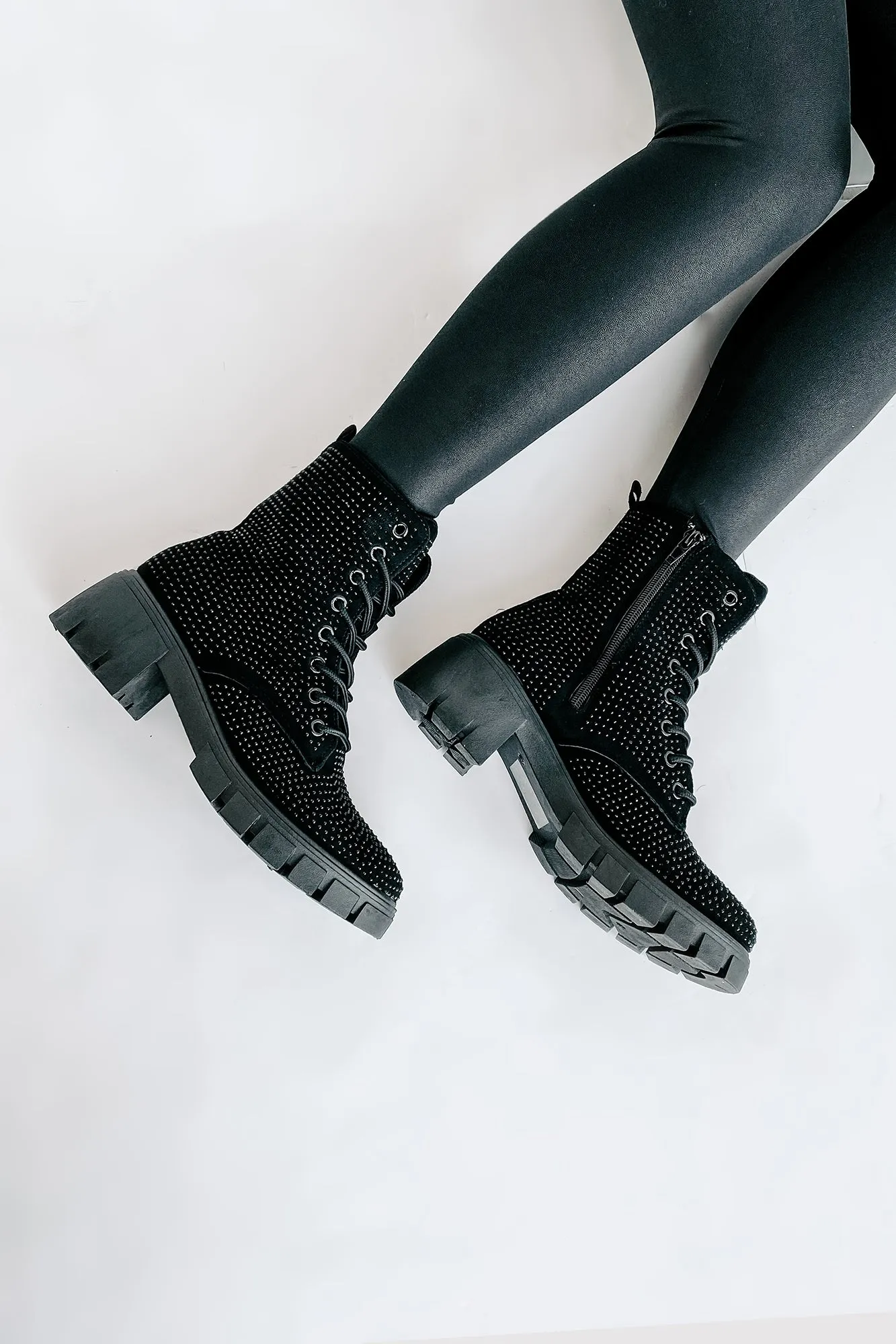Spunky Sweetie Rhinestone Combat Boots (Black)