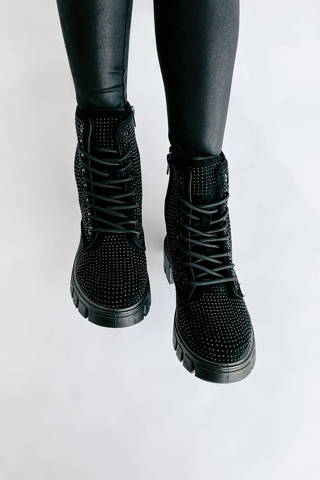 Spunky Sweetie Rhinestone Combat Boots (Black)