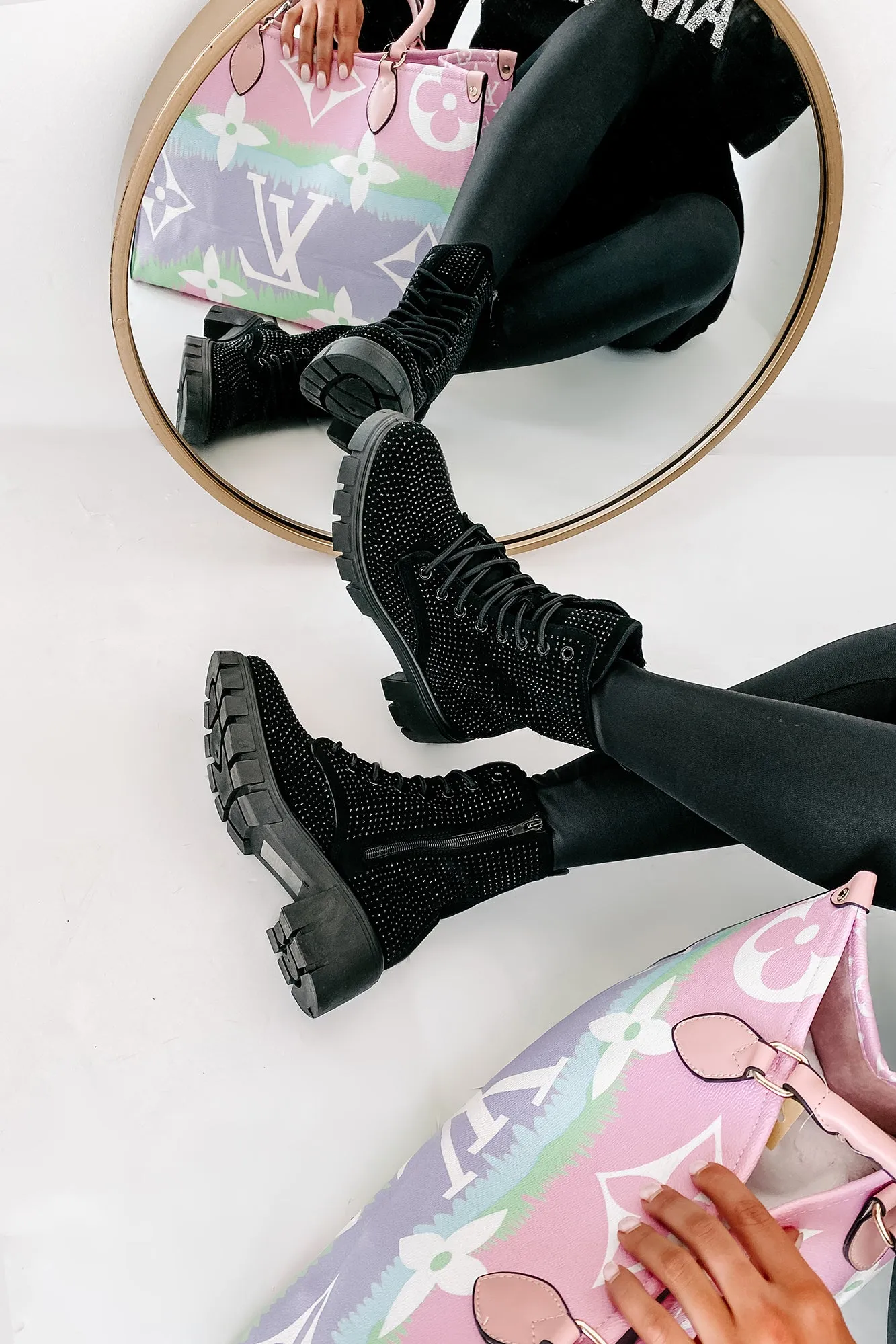 Spunky Sweetie Rhinestone Combat Boots (Black)