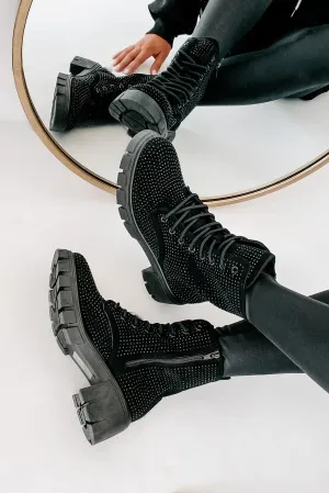 Spunky Sweetie Rhinestone Combat Boots (Black)