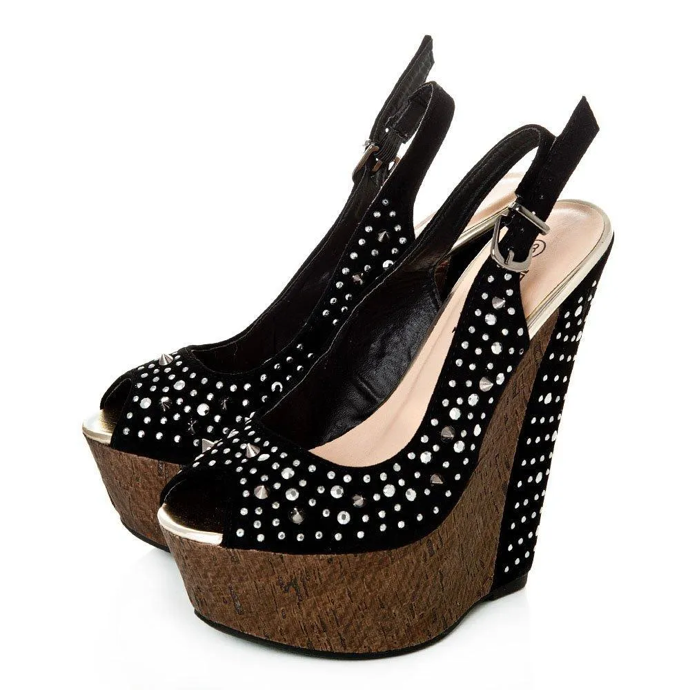 Tweed Wedge High Heeled Peep Toe Sling Backs