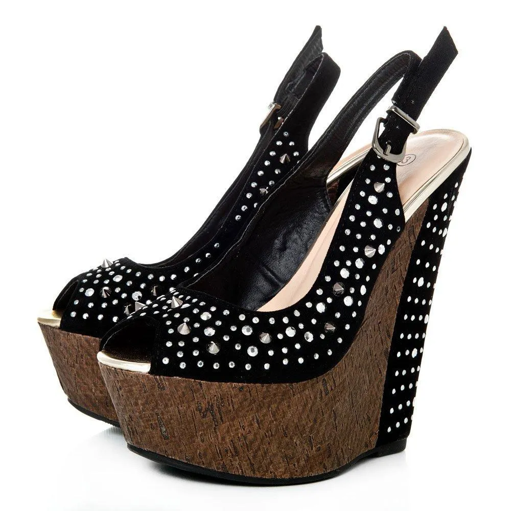 Tweed Wedge High Heeled Peep Toe Sling Backs