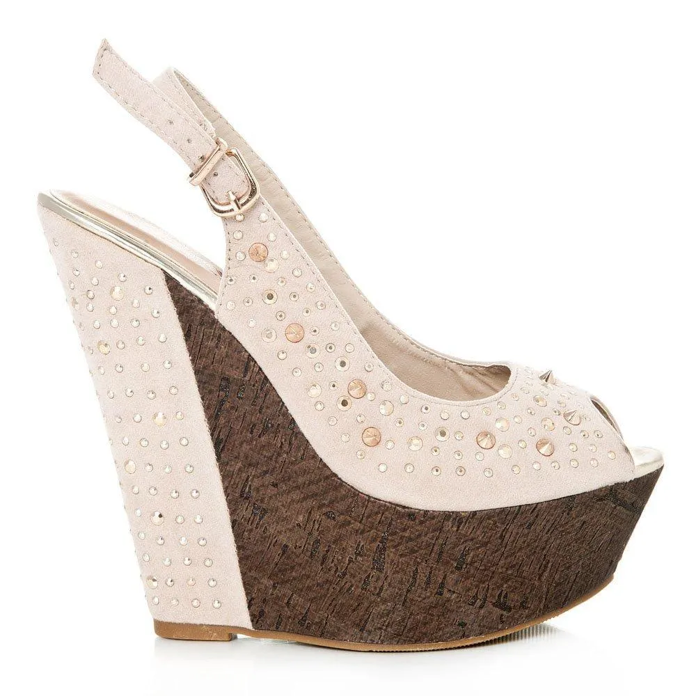 Tweed Wedge High Heeled Peep Toe Sling Backs