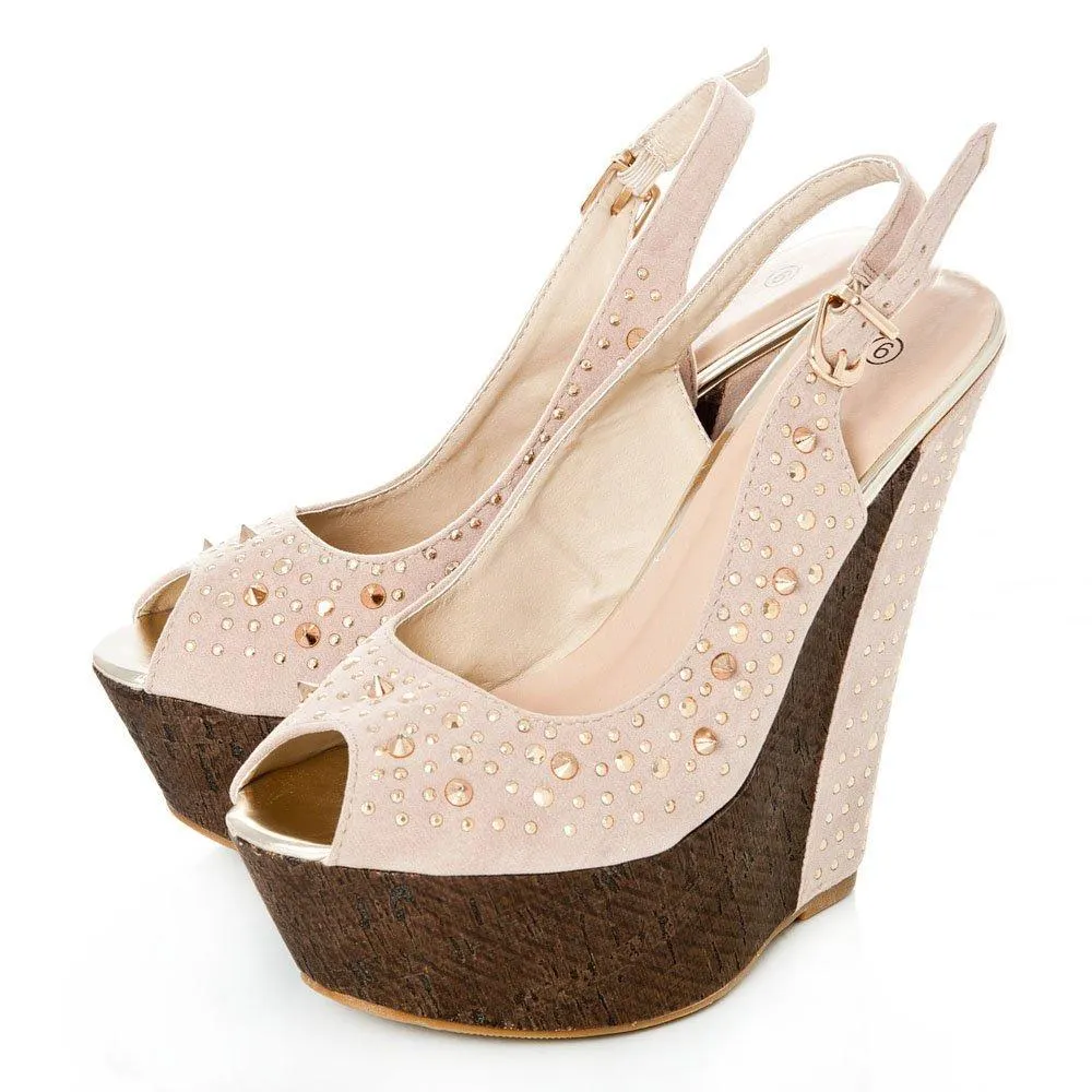 Tweed Wedge High Heeled Peep Toe Sling Backs