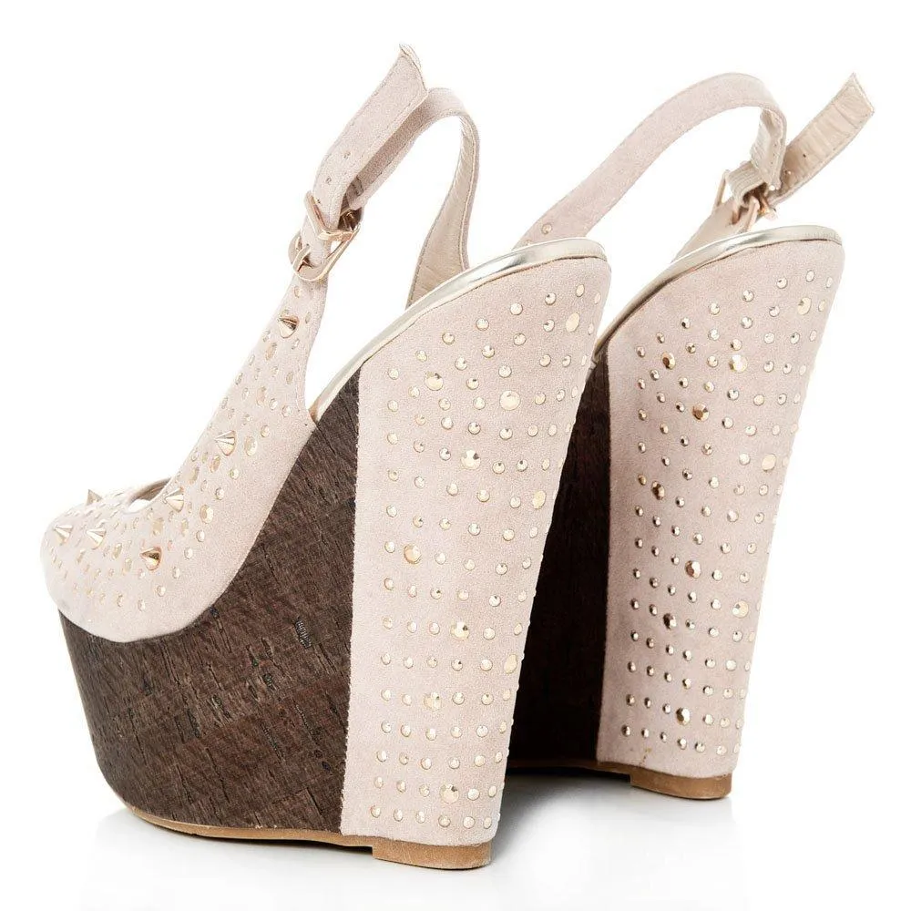 Tweed Wedge High Heeled Peep Toe Sling Backs