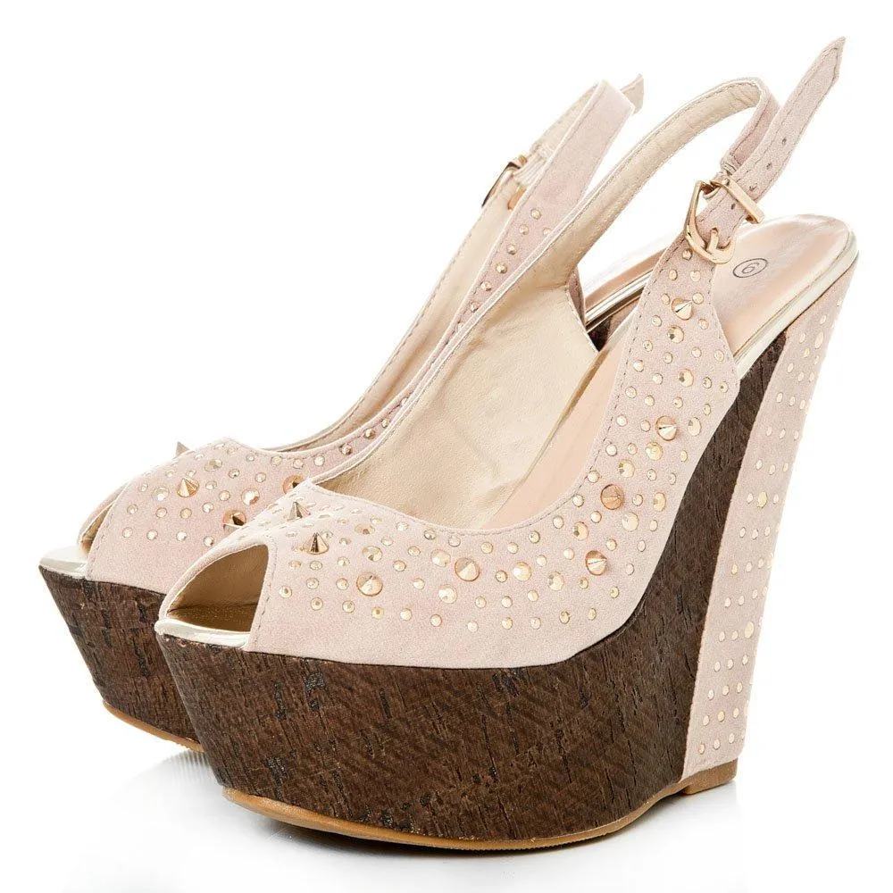 Tweed Wedge High Heeled Peep Toe Sling Backs