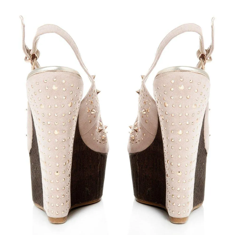 Tweed Wedge High Heeled Peep Toe Sling Backs