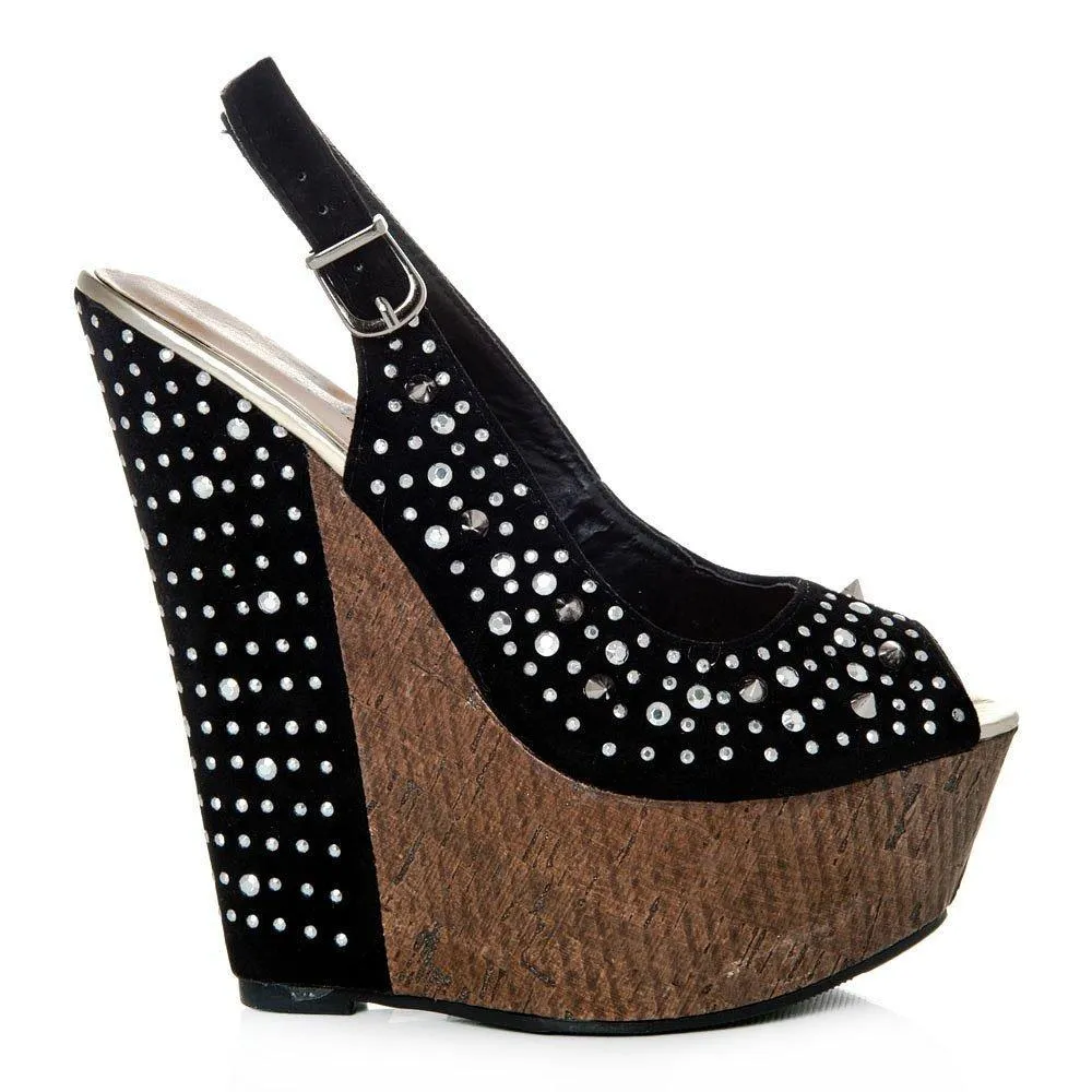 Tweed Wedge High Heeled Peep Toe Sling Backs