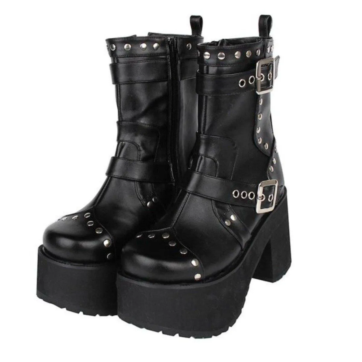 Women's Buckle Straps Studded High Heel Boots