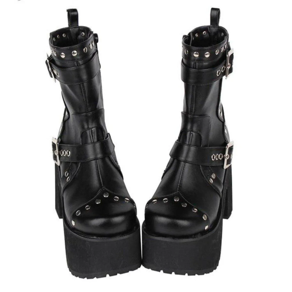 Women's Buckle Straps Studded High Heel Boots