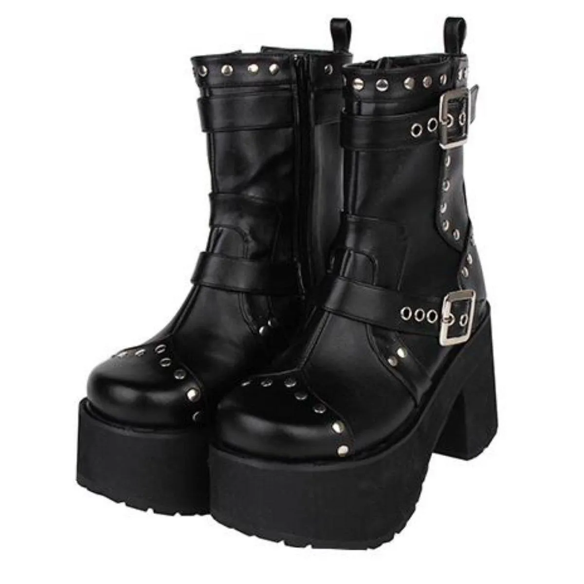 Women's Buckle Straps Studded High Heel Boots
