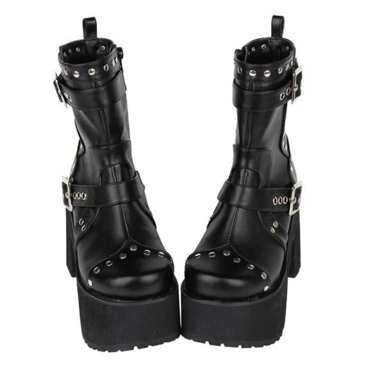 Women's Buckle Straps Studded High Heel Boots