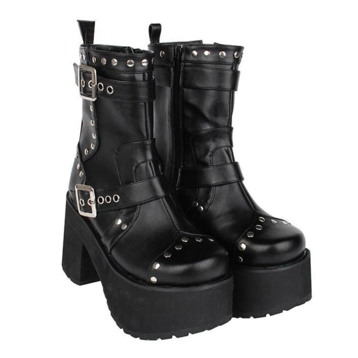 Women's Buckle Straps Studded High Heel Boots