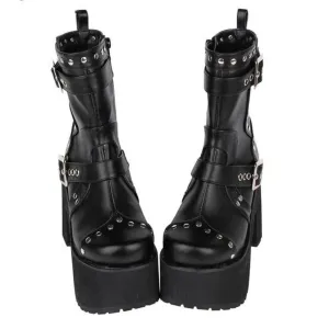 Women's Buckle Straps Studded High Heel Boots